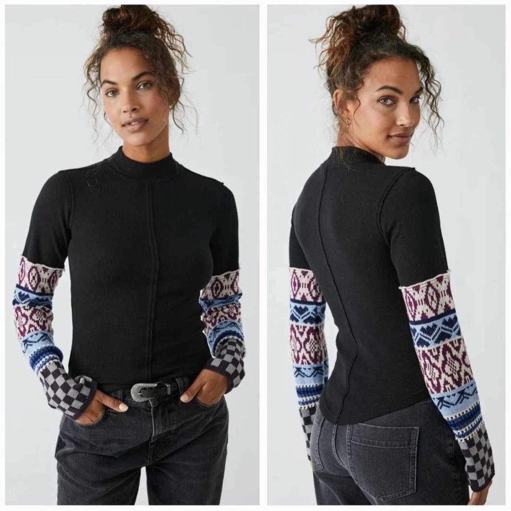 Free People Black Knit Long Sleeve Top with Patterned Sleeves